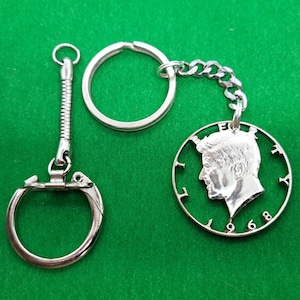 Kennedy Key Chain, USA Half Dollar, Cut Coin Jewelry, Clad Coin, Split Ring Key Chain, Snap Ring Key Chain, Snake Chain