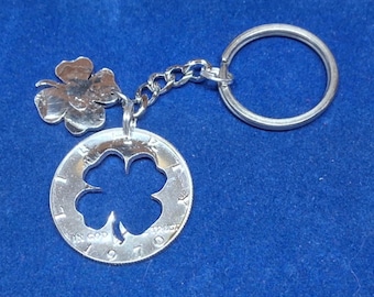4 Leaf Clover Keychain, Kennedy Half Dollar, Cut Coin Jewelry, Artisan Jewelry, Gift for Him or Her