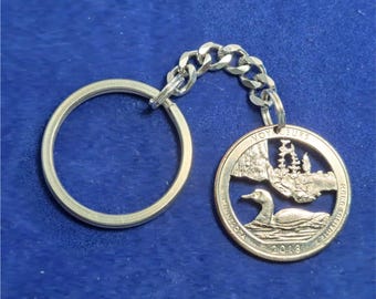 Duck & Loon Keychain, US Minnesota State Quarter, Cut Coin Jewelry, Waterfowl Keychain, Artisan Jewelry