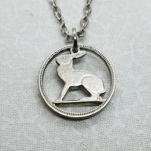 Irish Rabbit Pendant, Irish 3 Pence, Hand Cut Coin Jewelry, Irish Wedding Coin, Silver Plated Chain, 9 Necklace Options, Coin Necklace image 1