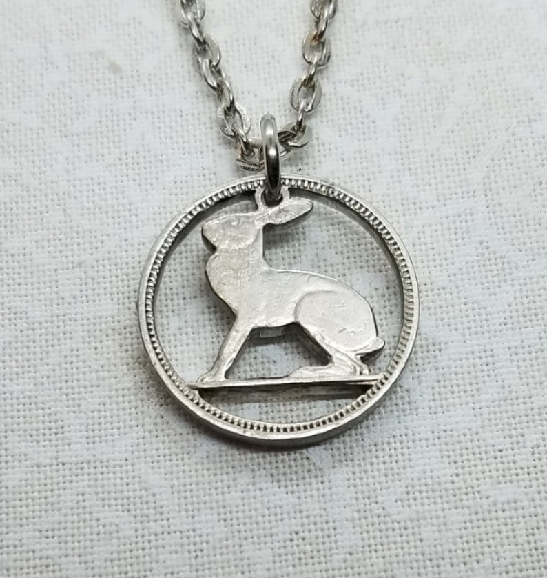Irish Rabbit Pendant, Irish 3 Pence, Hand Cut Coin Jewelry, Irish Wedding Coin, Silver Plated Chain, 9 Necklace Options, Coin Necklace image 1