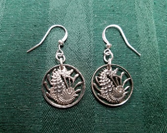 Seahorse Earrings, Cut Coin Jewelry, Dangle Earrings, Silver Plated Hypo-allergenic Wires, Round Drop Earrings, Singapore 10 Cent Coins