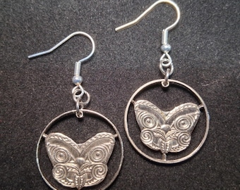 Cat Mask Earrings, New Zealand 10 Cents, Cut Coin Jewelry, Maori Mask, Dangle Cat Earrings