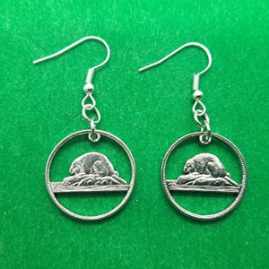 Beaver Earrings, Canada Nickel, Cut Coin Jewelry, Artisan Jewelry, Animal Charm Earrings, Dangle Earrings, Drop Earrings
