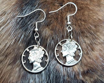 Mercury Dime Earrings: US Dime, 900 Silver, Cut Coin Jewelry, Dangle Earrings, Artisan Jewelry, Boho Chic