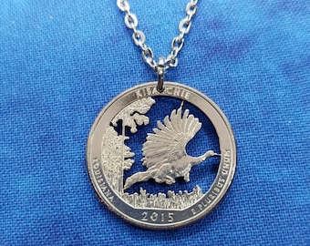 Turkey Pendant: US Louisiana State Quarter, Cut Coin Jewelry, Artisan Jewelry, Handmade Jewelry, Hunter's necklace, Boho Jewelry