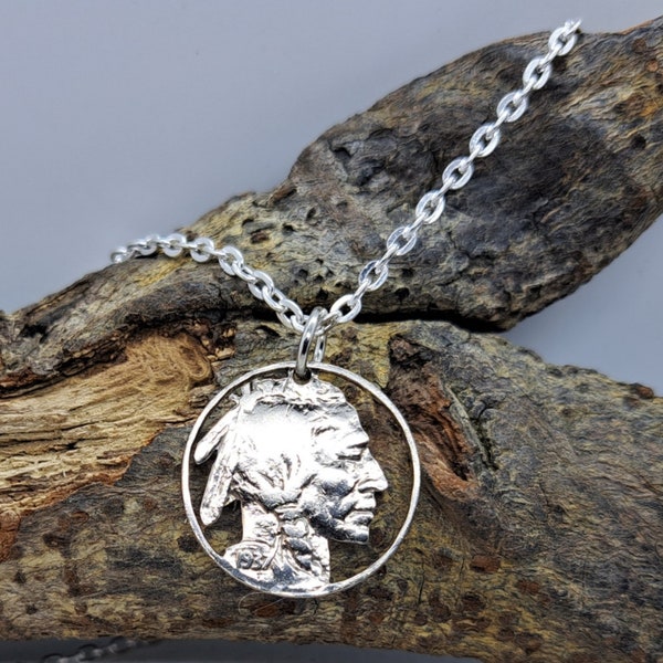 Indian Head Pendant, Historic USA 5 Cent Coin, Hand Cut Coin Jewelry, Silver Plated Chain, 9 Necklace Options, Coin Necklace