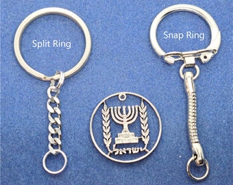 Menorah Key Chain, Israel 1/2 Lira Coin, Hand Cut Coin Jewelry, Coin Key Chain, Coin Key Ring, Split Ring Chain or Snap Ring Snake Chain