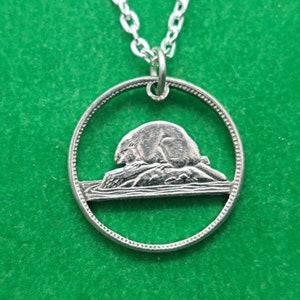 Hand Cut Canadian 5 Cent Coin Beaver Pendant Necklace