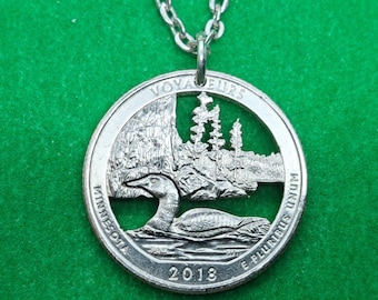 Loon Pendant, Cut Coin Jewelry, USA Minnesota Quarter, Voyageurs National Park, Handmade Jewelry, Duck Charm, Waterfowl Necklace