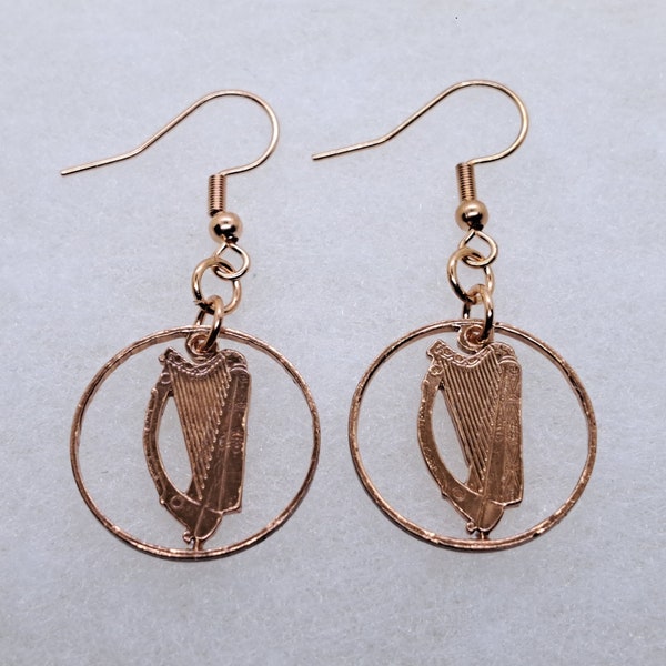 Harp Earrings, Dangle Earrings, Cut Coin Jewelry, Drop Earrings, Irish 1 Pence Coins, Rose Gold Stainless Steel Hypo-allergenic Wires