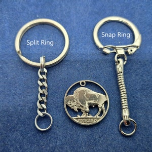 Buffalo Key Chain, Historic USA Buffalo Nickel, Bison Jewelry, Cut Coin Jewelry, Coin Key Chain, Split Ring or Snap Ring Snake Chain