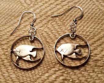 Angelfish Earrings, Dangle Earrings, Cut Coin Jewelry, Hypo-allergenic Silver-Plated wires, Round Drop Earrings, Bermuda 5 Cent Coins