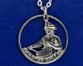Drummer Pendant, US Bicentennial Quarter, Cut Coin Jewelry, Drummer Necklace, Handmade Jewelry, Patriotic Coin, Boho Jewelry