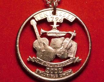 Guitar, Trumpet, Violin Pendant, US Tennessee State Quarter, Nashville Necklace, Cut Coin Jewelry, Boho Jewelry