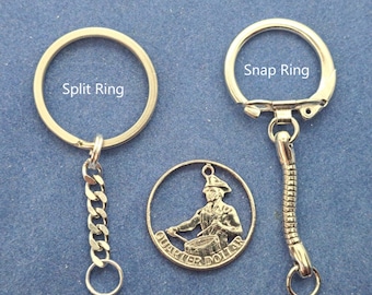 Patriot Drummer Key Chain, US Bi-Centennial Quarter, Hand Cut Coin Jewelry, Coin Key Ring, Split Ring Chain or Snap Ring Snake Chain