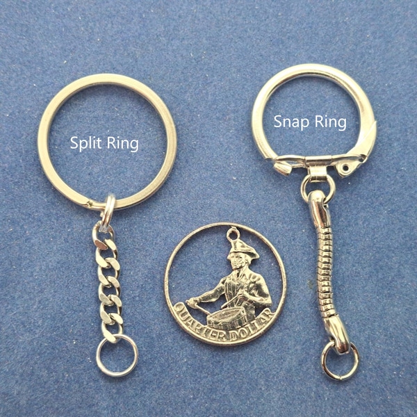 Patriot Drummer Key Chain, US Bi-Centennial Quarter, Hand Cut Coin Jewelry, Coin Key Ring, Split Ring Chain or Snap Ring Snake Chain