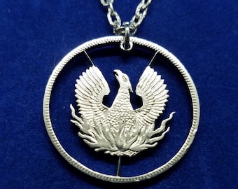 Phoenix in Flames Pendant, Greek 5 Drachma Coin, Hand Cut Coin Jewelry, Silver Plated Chain, 9 Necklace Options, Coin Necklace