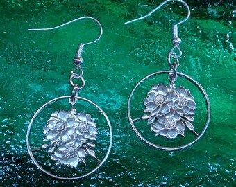 Cherry Blossom Earrings, Japanese 100 Yen Coins, Cut Coin Jewelry, Floral Earrings