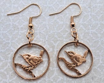 Wren Earrings, British Farthing Coin, Cut Coin Jewelry, Dangle Earrings, Songbird Earrings, Artisan Jewelry, Handmade Jewelry