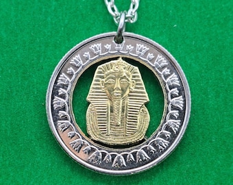 King Tut Pendant, Egyptian 1 Pound Coin, Pharaoh Necklace, Cut Coin, Jewelry, Handmade Jewelry, Boho Jewelry, Egyptian Necklace