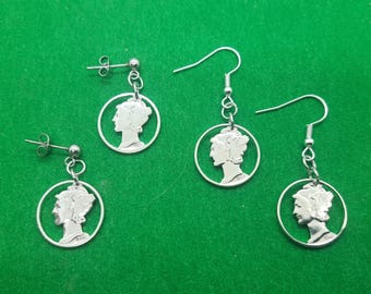 Merkur Dime Ohrringe, 900 Silber, US Merkur Dimes, Hängeohrringe, (Post- oder Drahthaken - 1 Paar,) Cut Coinschmuck, handgemachter Schmuck