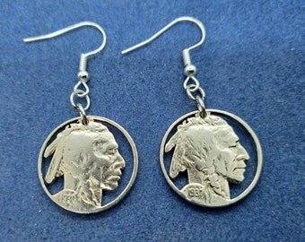Indian Head Earrings, US Nickel, Cut Coin Jewelry, Dangle Earrings, Artisan Jewelry, Boho Jewelry, Western Jewelry