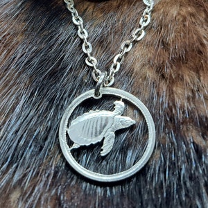 Softshell Turtle Pendant, Papua New Guinea 5 Toea Coin, Cut Coin Jewelry, Coin Pendant, Artisan Jewelry, Sea Turtle Pendant