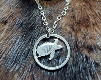 Softshell Turtle Pendant, Papua New Guinea 5 Toea Coin, Hand Cut Coin Jewelry, Silver Plated Chain, 9 Necklace Options, Coin Necklace