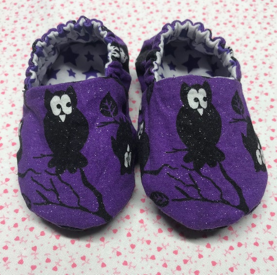 Baby slippers baby shoes baby crib slippers shoes reversible owls Halloween purple baby girl shoes stars booties