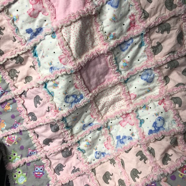 Baby Girl Rag Quilt, Baby Rag Quilt, Rag Crib Quilt, Baby Girl Crib Quilt, Baby Bedding, Baby Blanket, Shabby Chic Baby, Elephants, Owls