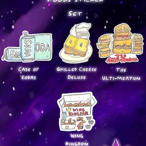 May include: A sticker set with cartoon food from "Regular Show." The set includes stickers of a case of sodas, grilled cheese deluxe, The Ulti-Meatum burger, and Wing Kingdom. An exclusive Death Sandwich sticker is also included.