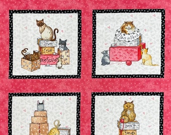 Peut inclure: Six carrés colorés avec des illustrations de chats dans des boîtes. Chaque carré a un message différent sur le sauvetage des chats. Les messages sont "Mon meilleur ami", "N'achetez pas l'amour, adoptez", "Vivre aimer sauver", "Pattes dans le besoin", "N'achetez pas, adoptez", et "Cousu avec amour".