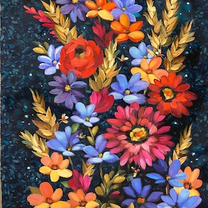 May include: An oil painting featuring a vibrant floral arrangement with red, orange, purple, and blue flowers interspersed with golden wheat stalks against a dark navy blue background, accented by a crescent moon and small flying insects.