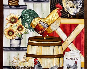 May include: A colorful illustration of a rooster, hen, and chicks in a barnyard setting. The rooster is standing on a wooden barrel, while the hen is perched on a shelf. There is a bag of chicken feed in the background, along with a lantern and sunflowers.