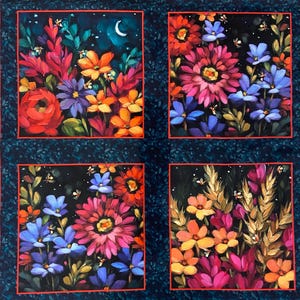 May include: A fabric panel featuring four square illustrations of vibrant floral arrangements on a dark background. Each square is framed in red and depicts colorful flowers, wheat stalks, and small bees. The border has a floral vine pattern.