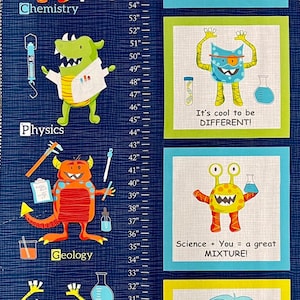 May include: A blue fabric with a monster theme. The fabric features a height chart with monsters representing different science subjects, including chemistry, physics, geology, and biology. Each monster has a fun saying about science. The fabric is perfect for a child's room or a science classroom.