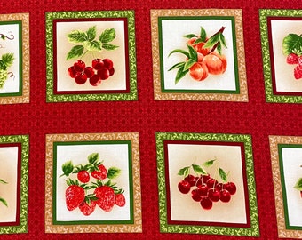 May include: A red fabric with a repeating pattern of framed images of various fruits. The fruits include grapes, cherries, peaches, strawberries, and apples. The frames are decorated with green and brown accents.