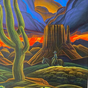 May include: A vibrant painting of a desert landscape featuring a large saguaro cactus, a cowboy on horseback, and a towering rock formation. The sky transitions from blue to orange, creating a dramatic sunset scene. The artwork evokes the American Southwest.