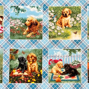 May include: A blue and white plaid fabric with eight different images of puppies in a garden setting. The puppies are brown and black and are in various poses, including sitting, standing, and lying down. Some of the puppies are in baskets, while others are playing with toys.