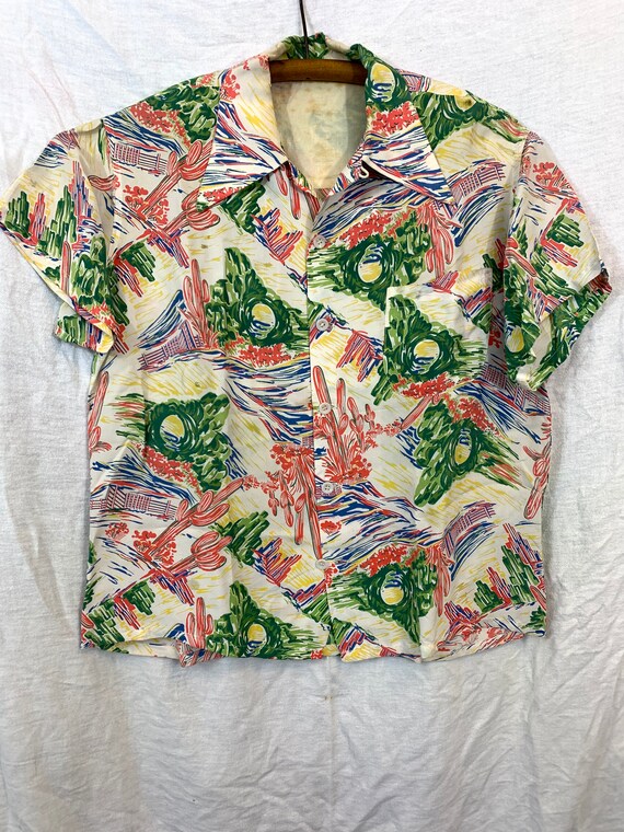 1940’s Western theme rayon Hawaiian shirt S/M