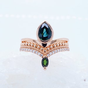 Teal Montana Sapphire Engagement Ring + Tsavorite Garnet and Moissanite Wedding Band