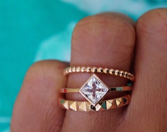 Princess Cut White Sapphire in Solid 14k Rose Gold
