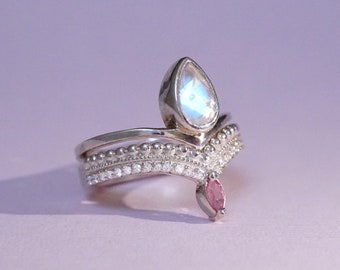 Pear Moonstone Ring + Nesting Band with Pink Tourmaline