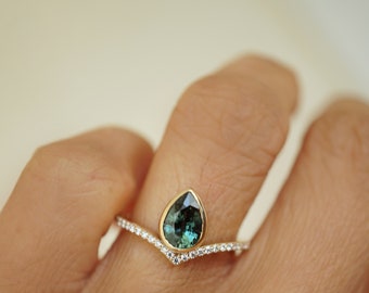 Pear Teal Sapphire and Diamond Engagement Ring