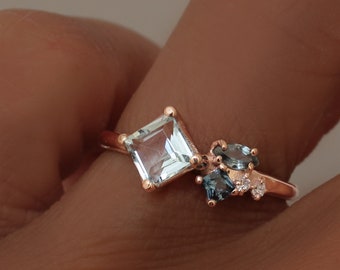 Aquamarine, Diamond and Sapphire Cluster Ring in Solid 14k Gold