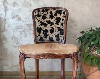 Vintage cowhide Louis XV style chair.Designer cowhide accent chair.French side chair.