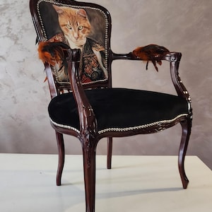 Vintage Louis XV Accent Chair – Artistic Cat Design with Feather Details – Unique Statement Piece