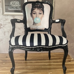 Eclectic vintage accent chair. Audrey Hepburn side chair. Black &white French arm chair.