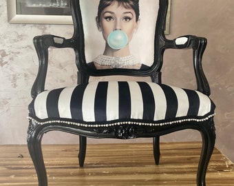 Eclectic vintage accent chair. Audrey Hepburn side chair. Black &white French arm chair.